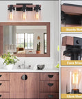 3 Light Farmhouse Vanity Light For Bathroom Over Mirror With Faux Wood Grain Finish Rustic Metal Wall Sconce Indoor Moisture Resistant Bath Vanity Fixture in modern bathroom setting.