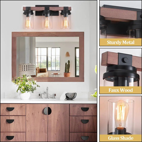 3 Light Farmhouse Vanity Light For Bathroom Over Mirror With Faux Wood Grain Finish Rustic Metal Wall Sconce Indoor Moisture Resistant Bath Vanity Fixture in modern bathroom setting.