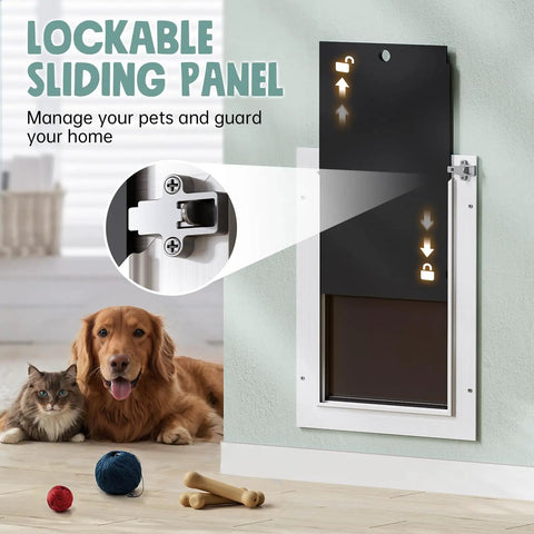 Heavy Duty Insulated Dog Door For Wall Featuring Triple Flap Weather Blocker Keeping Your Pups Snug Through Blowhard Winds Or Roasting Heat Energy Saving Aluminum Frame Handles Big Dogs Up To One Hundred Ten Lbs All Season Smooth Glide with lockable sliding panel