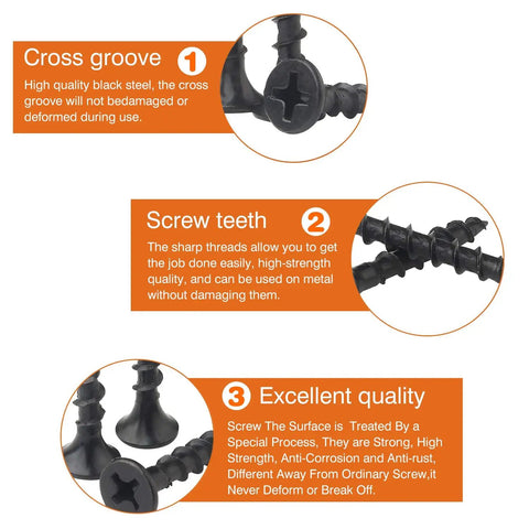 Heavy Duty Black Steel Screws Set For DIY Projects With Rust Resistant, High Strength Fasteners And Aggressive Twist Pattern
