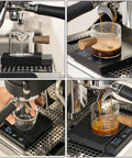 Ultra Slim Mini Coffee Scale With Timer For Espresso And Baking in use under an espresso machine, displaying precise grams and tare, black