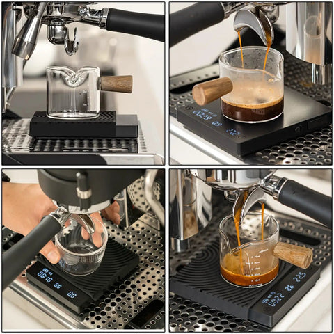 Ultra Slim Mini Coffee Scale With Timer For Espresso And Baking in use under an espresso machine, displaying precise grams and tare, black