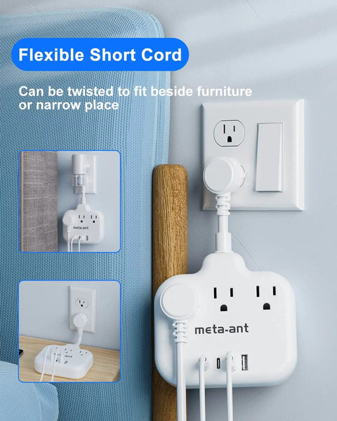 Flat Plug Extension Cord Three Inch Short Power Strip With Three AC Outlets And Four USB Ports Two USB A And Two USB C 1875W Fifteen Amp Non Surge Protection Must Have For Cruise Travel Dorm Kitchen White