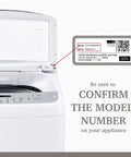 White GE washing machine with control panel; close-up of model/serial label on the side.