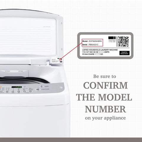 White GE washing machine with control panel; close-up of model/serial label on the side.