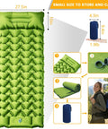Ultralight Inflatable Camping Pad With Pillow And Built In Foot Pump, 4 Inch Thick Comfort showing size, packing, and usage.