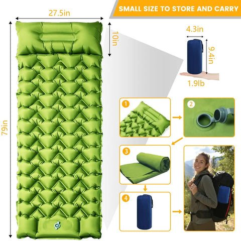 Ultralight Inflatable Camping Pad With Pillow And Built In Foot Pump, 4 Inch Thick Comfort showing size, packing, and usage.