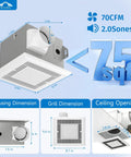 Ultra Quiet Bathroom Exhaust Fan 70 CFM 2.0 Sone With LED Light 4000K 600 Lumens Ceiling Mounted Easy Install diagram