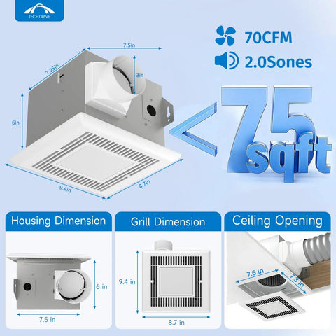 Ultra Quiet Bathroom Exhaust Fan 70 CFM 2.0 Sone With LED Light 4000K 600 Lumens Ceiling Mounted Easy Install diagram