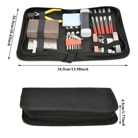 44 Piece Guitar Repair Tool Kit With Stainless Steel Setup Tools in open black case with pliers, hex wrenches, and files