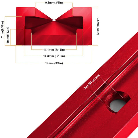 Close-up of a red aluminum T-track rail with double cut grooves, pre-drilled holes, and measurements for woodworking jigs.