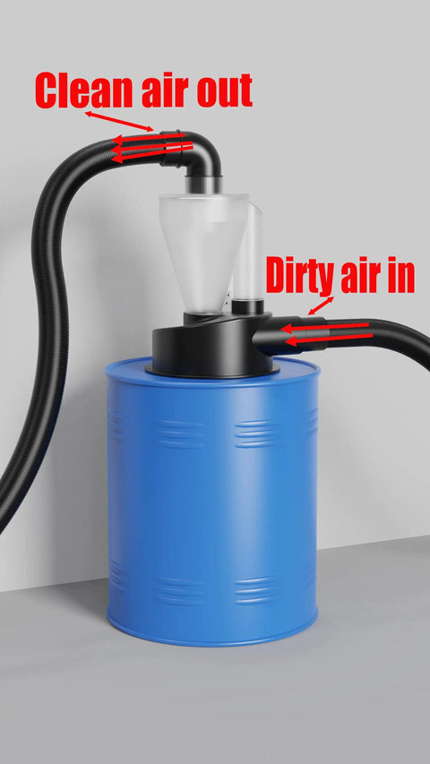 Turbocharged Dual Filtration Cyclone Dust Collector For Woodworking With Two Point Five Inch Hose and blue canister