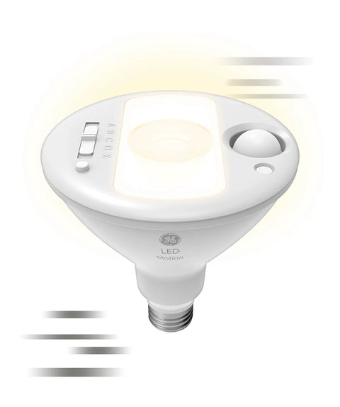 Motion Activated LED Flood Lights PAR38 Linkable Outdoor Security Light Bulbs Dusk To Dawn Auto Dim To Fifty Percent Then Full Brightness For Three Minutes When Motion Is Detected Warm White Three Pack, close-up view of a single bulb with motion sensor.