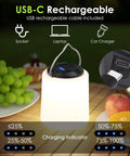 Powerful 1000LM LED Camping Lantern with Rechargeable Battery, USB-C port, charging indicator, on a picnic table.