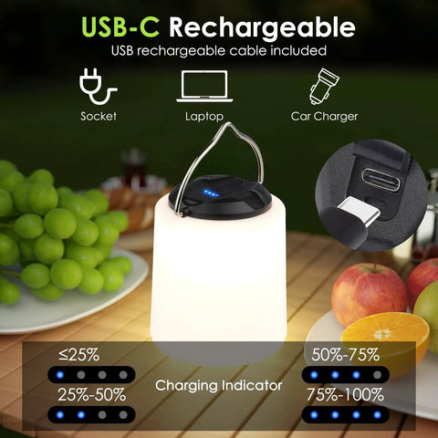 Powerful 1000LM LED Camping Lantern with Rechargeable Battery, USB-C port, charging indicator, on a picnic table.