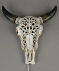 Southwestern Style Steer Skull Resin Wall Sconce Or Table Lamp with carved design and removable metal stand, rustic decor