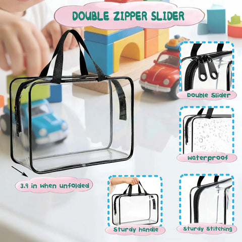 6 Pack Large Clear Toy Storage Bags With Double Zippers Travel Organizer Pouch Waterproof PVC With Handles in playroom