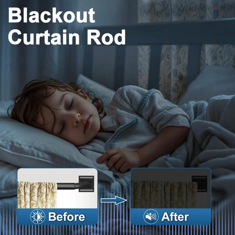 Child sleeping with Heavy Duty Blackout Curtain Rods For Windows 48 To 90 Inches With Wraparound Design And Curved Return.