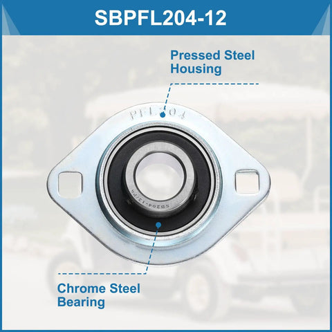 Close-up of Two Pack Pillow Block Bearing Set with Three Quarter Inch Bore, Steel Flange Mounted Housing, Includes Wrench, ABEC 3