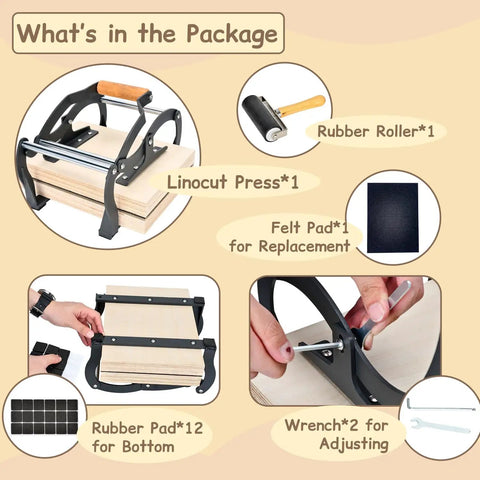 Package contents of Linocut Printing Hand Lever Press for Linoleum Blocks Manual Press With Felt Pad shown with accessories.