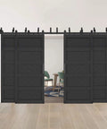 Front view of Double Bypass Sliding Barn Door Kit With Wave Panel 144x84 Inches installed in a modern living space.