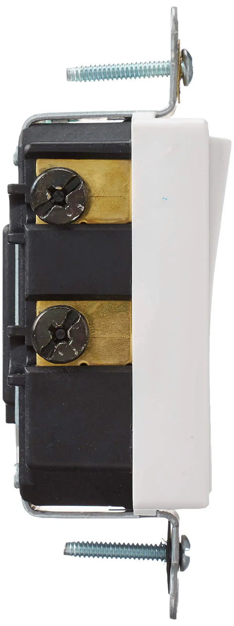 Side view of Decora Plus Rocker Double Pole AC Quiet Switch 20 Amp 120 To 277 Volt Back And Side Wiring for Solid Or Stranded Wire