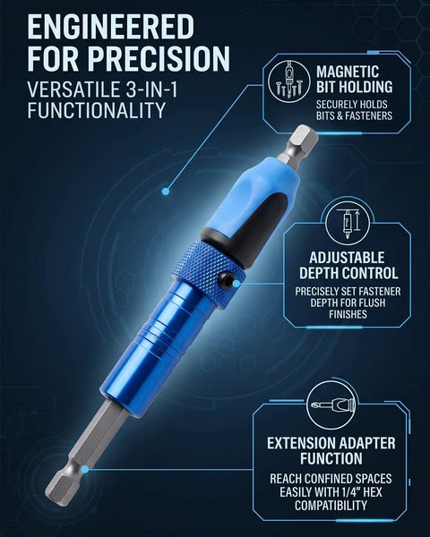 Three In One Magnetic Socket Bit Set With Adjustable Quarter Inch Hex Holder Magnetic Screwdriver Attachment And Extension Adapter For Quick Install And Stable Screw Alignment showing blue 1/4-inch hex tool