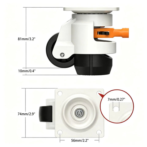 Heavy Duty Leveling Casters With Knurled Ratchet Handle, 2200 Lb Load Capacity, Set Of 4 with dimensions shown