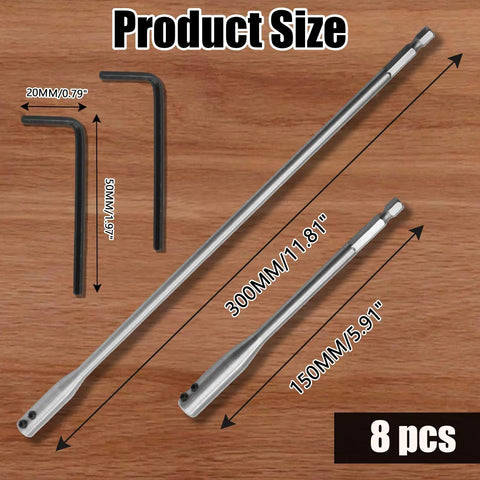 Rock Solid High Carbon Steel Drill Bit Extensions Six And Twelve Inch Hex Shank Spade Adapter Universal Quarter Inch Compatible Kit For Tight Access and Heavy Duty Jobs Done Right with size measurements.