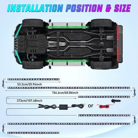 Diagram showing installation positions and sizes for Six Piece Dope Underglow Neon Accent Strip Lights With 300 LEDs RGB Multi Color.