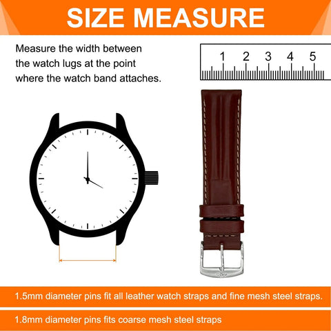 Diagram showing watch lug width measurement and leather strap related to 10 Pack Quick Release Spring Bars for Watches 21mm Wide and 1.8mm Diameter Pins Replacement Kit With Removal Tool for Easy Strap Swaps Link Pins and Lugs Durable Alloy Steel Build.