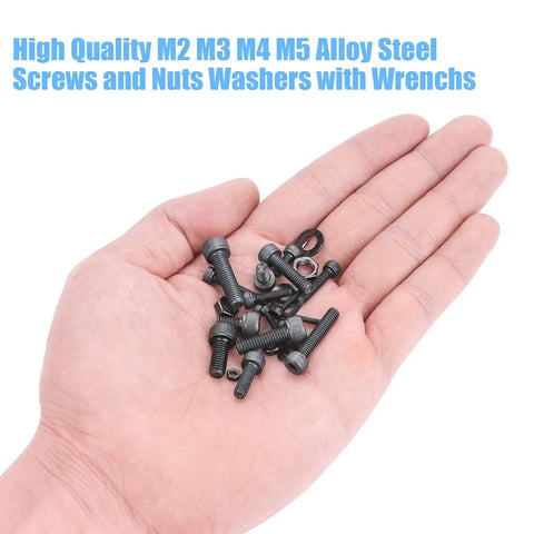 1220 Piece M2 M3 M4 M5 Hex Socket Head Cap Bolts Set With Nuts Washers Screws And Hex Wrenches In Twelve Point Nine Grade Alloy Steel Heavy Duty Kit For Home And Shop Use shown on a hand.