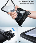 Hand squeezing Double Pocket Waterproof Phone Pouch With IPX8 Dry Bag And Hidden Card Key Wallet, showcasing secure sealing feature.