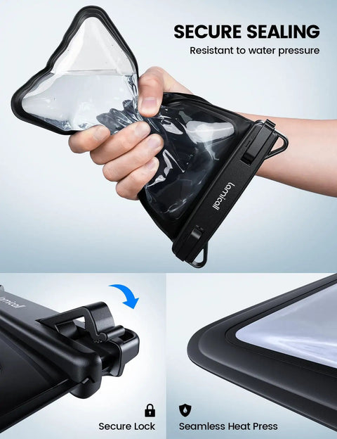 Hand squeezing Double Pocket Waterproof Phone Pouch With IPX8 Dry Bag And Hidden Card Key Wallet, showcasing secure sealing feature.