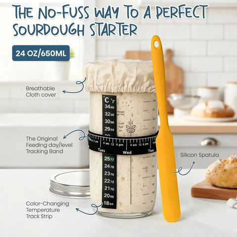 24 oz sourdough starter jar with cloth cover, tracking band, silicone spatula; part of All In One Sourdough Starter Kit with 9 Inch Round Banneton Baskets and 24 Oz Starter Jar Easy Rise Dough Proofing Tools For Beginners Bread Baking Essentials Perfect Gift For Bakers.