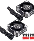 Two Pack 30mm RC Motor Heatsink With Cooling Fan For 1 8 1 10 1 12 Scale RC Cars Trucks Buggy Truggy 540 550 Brushless Motors Up To 28K RPM ESC Cooling And Heat Management, shown with cables and mounting hardware