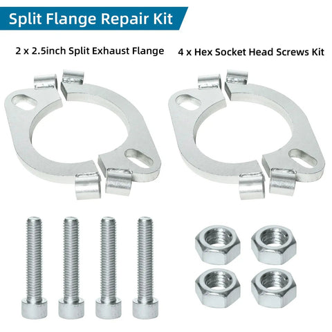 Heavy Duty 2.5 Inch Split Flange Repair Kit 2 Pack includes 2 flanges and 4 hex socket head bolts for exhaust leak fixes.