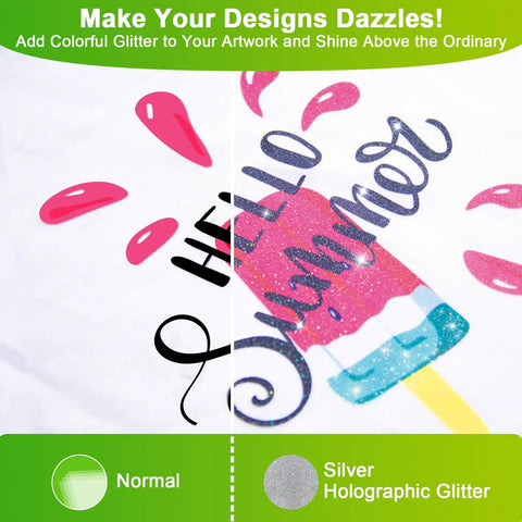 Colorful Glitter DTF Transfer Film Set Eight Point Five By Eleven Inches 30 Sheets showcasing shiny sublimation on T-shirt