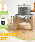 Image of Manual Granite Stone Grain Mill with Wooden Base and Heavy Duty Handle for Flour Grain and Spice Grinding in Home Kitchen Durable Stone Grinder showing dimensions and weight.