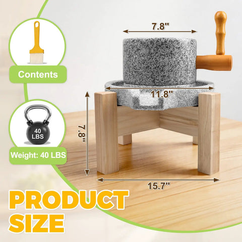 Image of Manual Granite Stone Grain Mill with Wooden Base and Heavy Duty Handle for Flour Grain and Spice Grinding in Home Kitchen Durable Stone Grinder showing dimensions and weight.