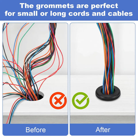 Before and after cable organization using 210 Piece Rubber Grommet Kit With Nine Sizes For Wiring Electrical Appliance Plumbing And Automotive