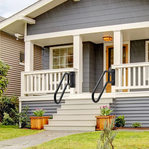 Heavy Duty 28 Inch Outdoor Handrails For 1 To 3 Step Stairs Non Slip Door Jamb Corner Mount Grab Bars U Shape Safety Handle For Garage Porch Garden Left And Right Handed installed on porch steps