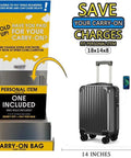 Underseat Carry On Luggage 18x14x8 Inches Hardside With TSA Lock USB Port Lightweight Removable Silent Wheels Black Travel Bag for Easy Spirit And Frontier Flights next to a carry-on size guide display.