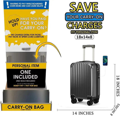 Underseat Carry On Luggage 18x14x8 Inches Hardside With TSA Lock USB Port Lightweight Removable Silent Wheels Black Travel Bag for Easy Spirit And Frontier Flights next to a carry-on size guide display.