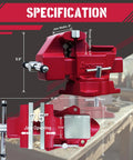 8 Inch Bench Vise Heavy Duty With 7.5 Inch Jaw Opening And 210 Degree Swivel Base 4.5 Inch Throat Depth Multi Jaw Design For Flat And Round Material Great For Large Projects Pipes And Bulky Workpieces., red 8-inch heavy-duty bench vise with 7.5-inch jaw opening, 4.5-inch throat depth, and swivel base