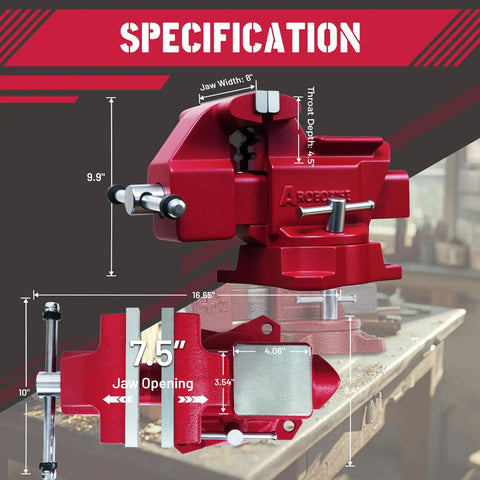 8 Inch Bench Vise Heavy Duty With 7.5 Inch Jaw Opening And 210 Degree Swivel Base 4.5 Inch Throat Depth Multi Jaw Design For Flat And Round Material Great For Large Projects Pipes And Bulky Workpieces., red 8-inch heavy-duty bench vise with 7.5-inch jaw opening, 4.5-inch throat depth, and swivel base