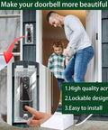 Anti Theft Video Doorbell Mount In Transparent Acrylic Lock Box For Small Doorbells Up To 5.5 Inches Long 2.16 Inches Wide 1.49 Inches High Compatible With Blink Ring Pro Eken And More For Home Or Office installed next to door with people inside.
