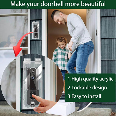 Anti Theft Video Doorbell Mount In Transparent Acrylic Lock Box For Small Doorbells Up To 5.5 Inches Long 2.16 Inches Wide 1.49 Inches High Compatible With Blink Ring Pro Eken And More For Home Or Office installed next to door with people inside.