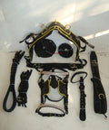 Black Synthetic Nylon Horse Driving Harness With Yellow Piping Diamond Chains On Browband And Noseband Curved Blinders