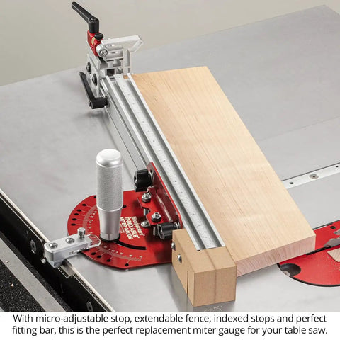 Universal Fit In Dexable Miter Gauge For Table Saw with micro-adjustable stop and extended fence on table saw.